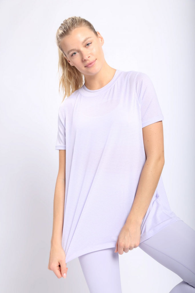 Mono B Striped Mesh Active Longline Shirt with Keyhole Back In Purple Heather-Tops-Mono B-Deja Nu Boutique, Women's Fashion Boutique in Lampasas, Texas