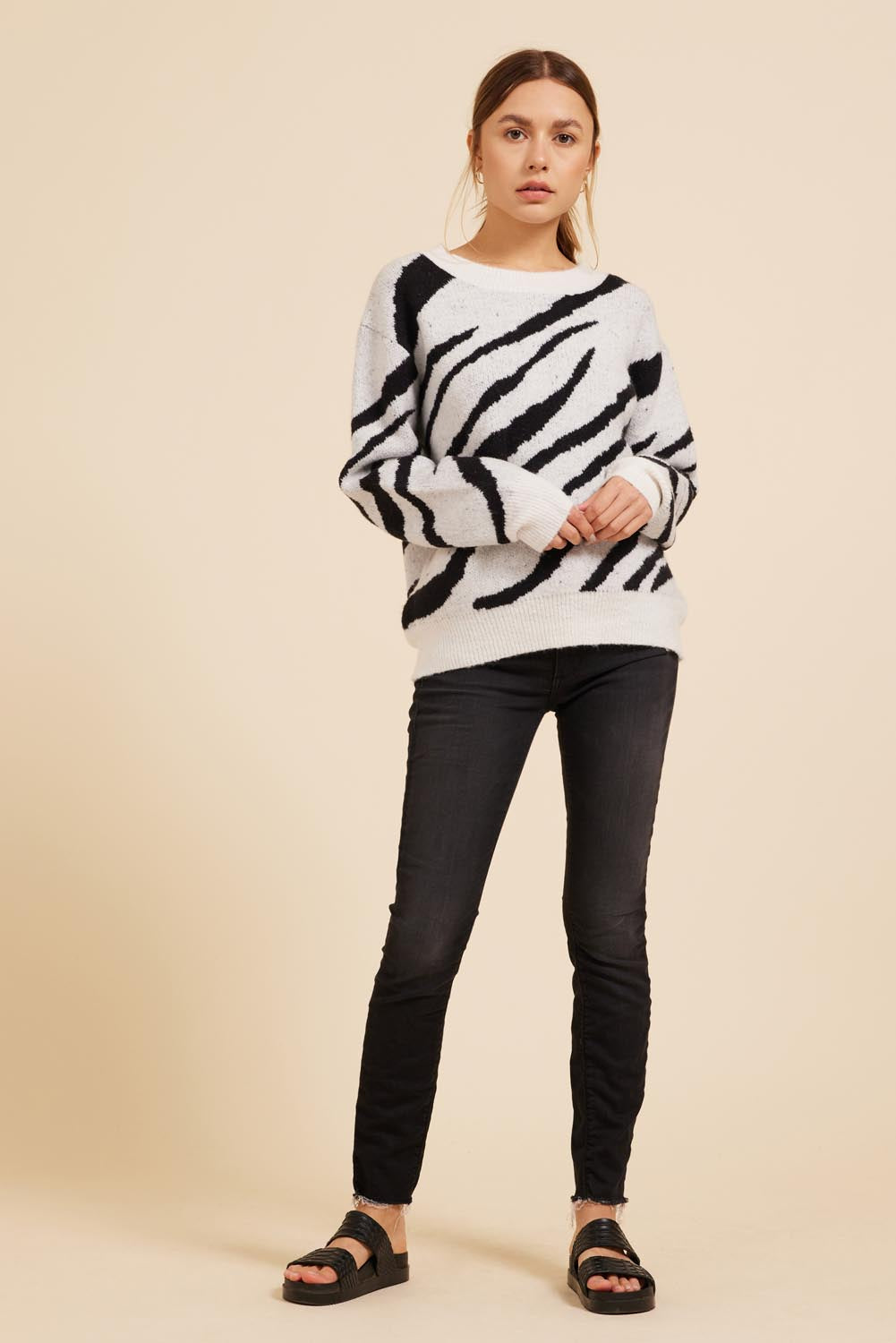 Moodie Black And White Zebra Print Sweater-Sweaters-Moodie-Deja Nu Boutique, Women's Fashion Boutique in Lampasas, Texas