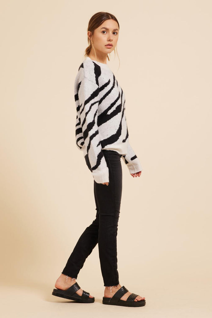 Moodie Black And White Zebra Print Sweater-Sweaters-Moodie-Deja Nu Boutique, Women's Fashion Boutique in Lampasas, Texas
