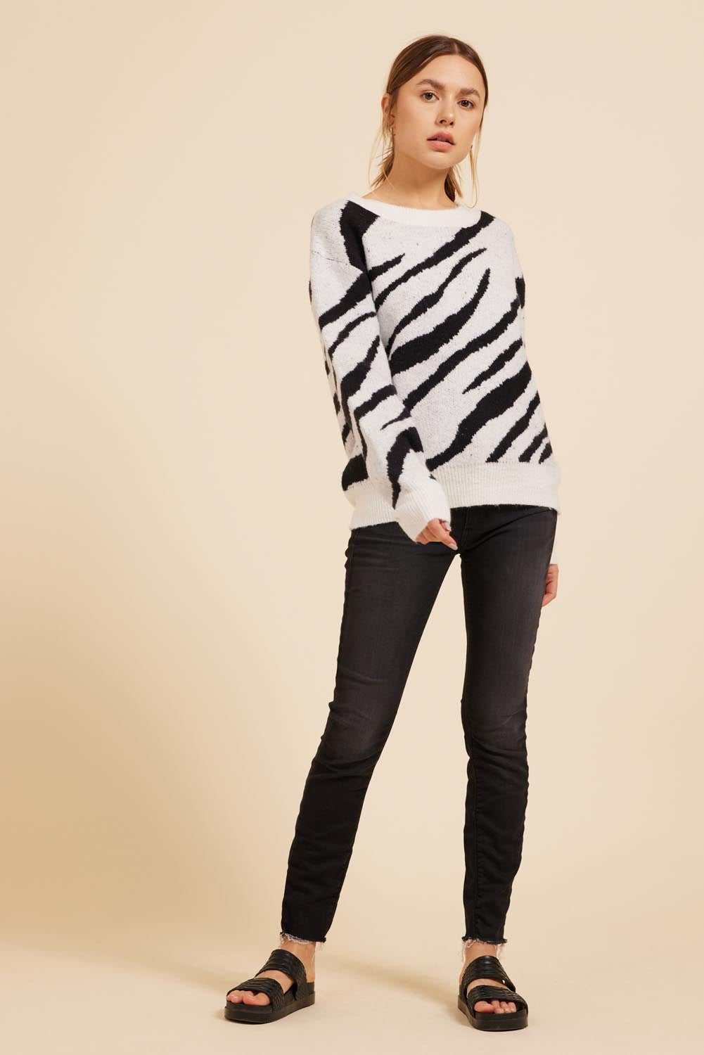 Moodie Black And White Zebra Print Sweater-Sweaters-Moodie-Deja Nu Boutique, Women's Fashion Boutique in Lampasas, Texas