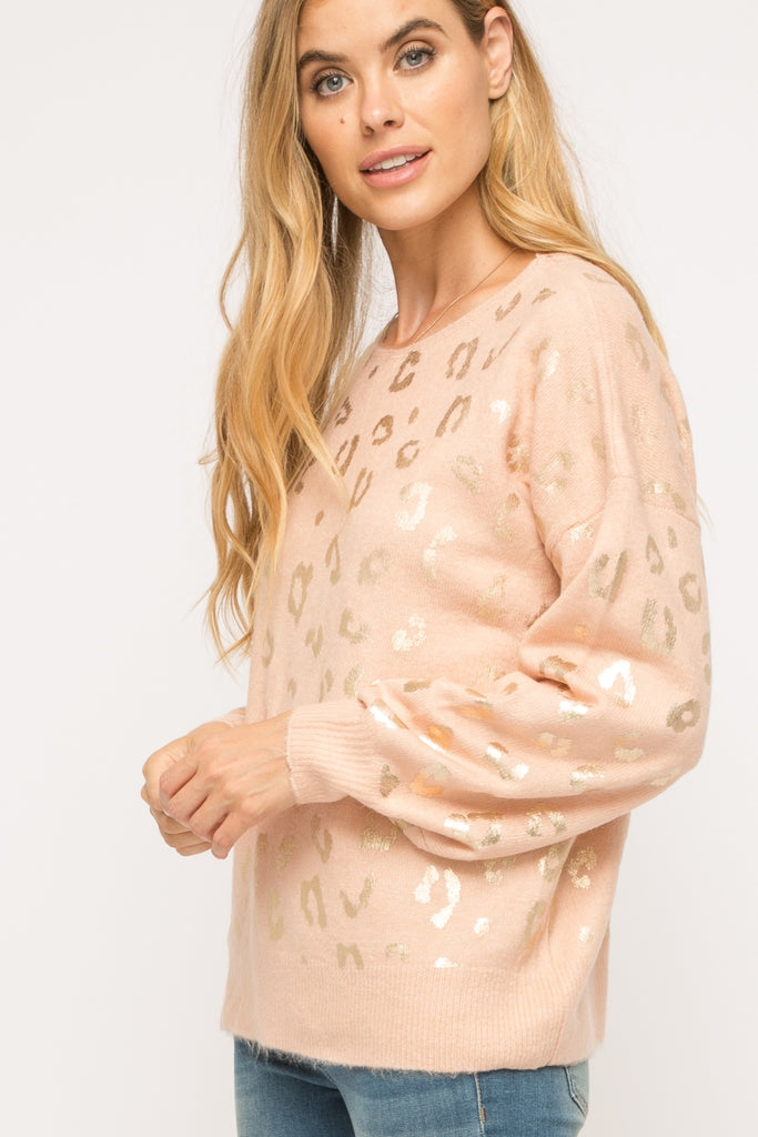 Mystree Blush Shiny Gold Leopard Sweater-Sweaters-Mystree-Deja Nu Boutique, Women's Fashion Boutique in Lampasas, Texas