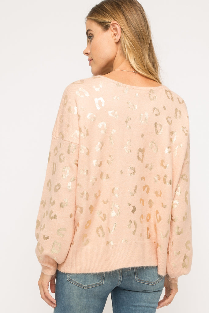Mystree Blush Shiny Gold Leopard Sweater-Sweaters-Mystree-Deja Nu Boutique, Women's Fashion Boutique in Lampasas, Texas