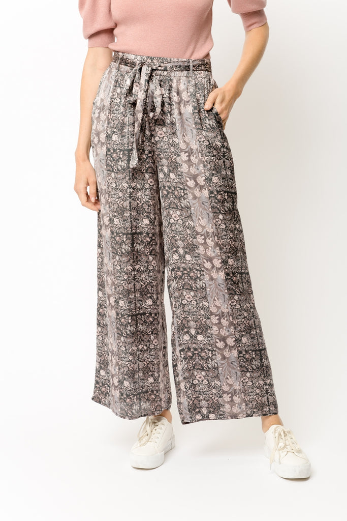 Mystree Charcoal Floral Print Satin Wide Leg Pants-Bottoms-Mystree-Deja Nu Boutique, Women's Fashion Boutique in Lampasas, Texas