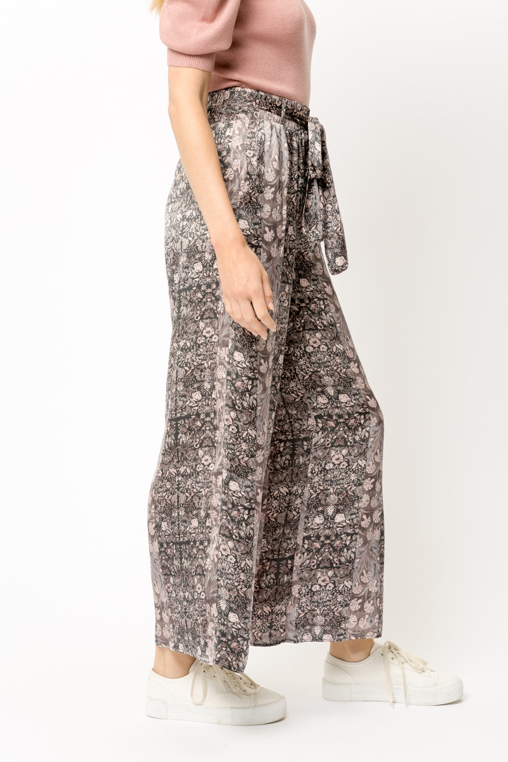 Mystree Charcoal Floral Print Satin Wide Leg Pants-Bottoms-Mystree-Deja Nu Boutique, Women's Fashion Boutique in Lampasas, Texas