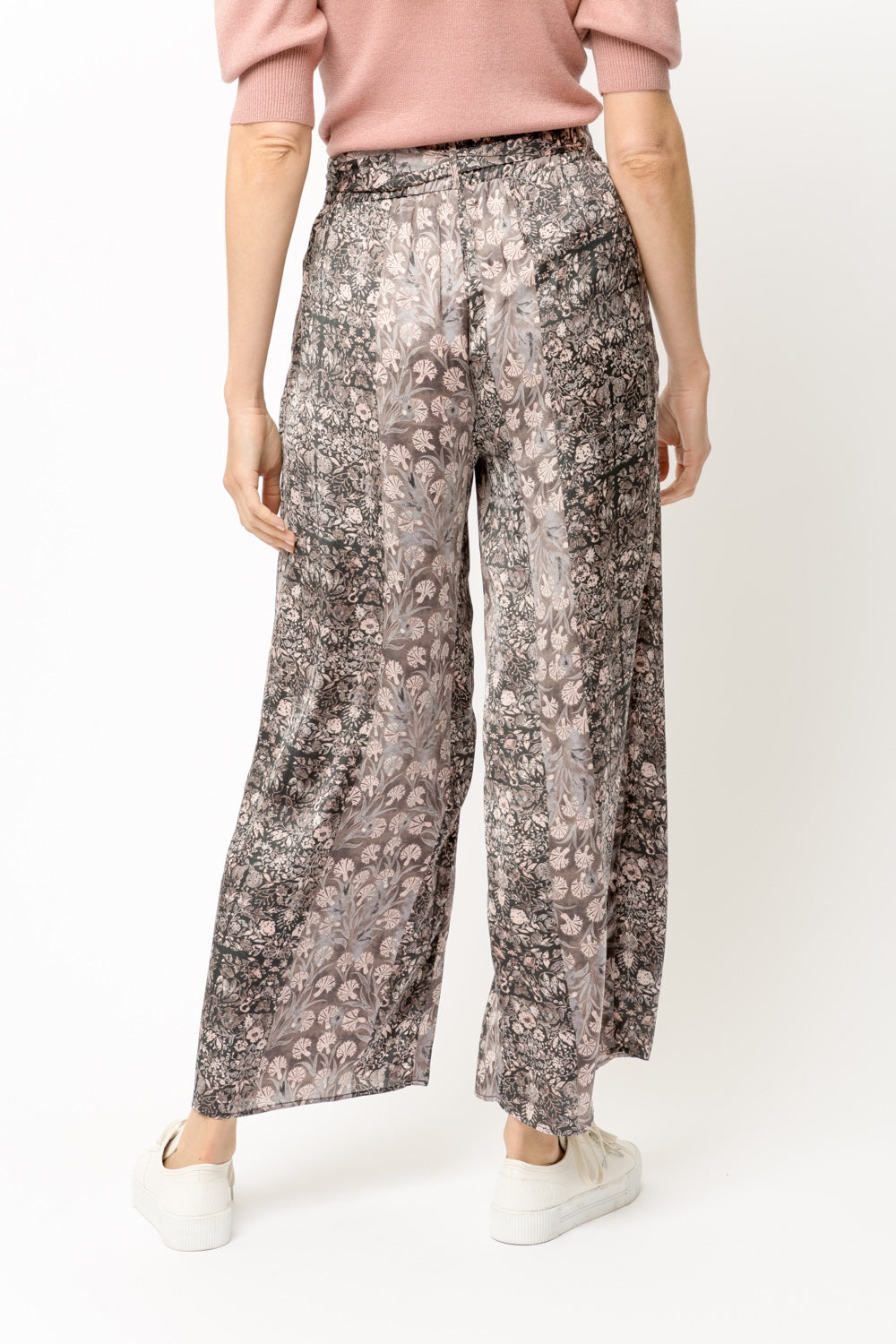 Mystree Charcoal Floral Print Satin Wide Leg Pants-Bottoms-Mystree-Deja Nu Boutique, Women's Fashion Boutique in Lampasas, Texas