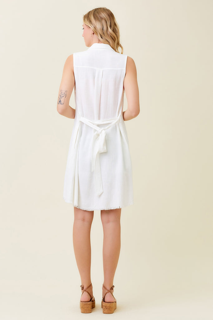 Mystree Frayed Bottom Detail Sleeveless Shirt Dress In White-Dresses-Mystree-Deja Nu Boutique, Women's Fashion Boutique in Lampasas, Texas