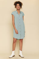 Mystree Frayed Edge Tencel Shirt Dress In Light Blue-Dresses-Mystree-Deja Nu Boutique, Women's Fashion Boutique in Lampasas, Texas