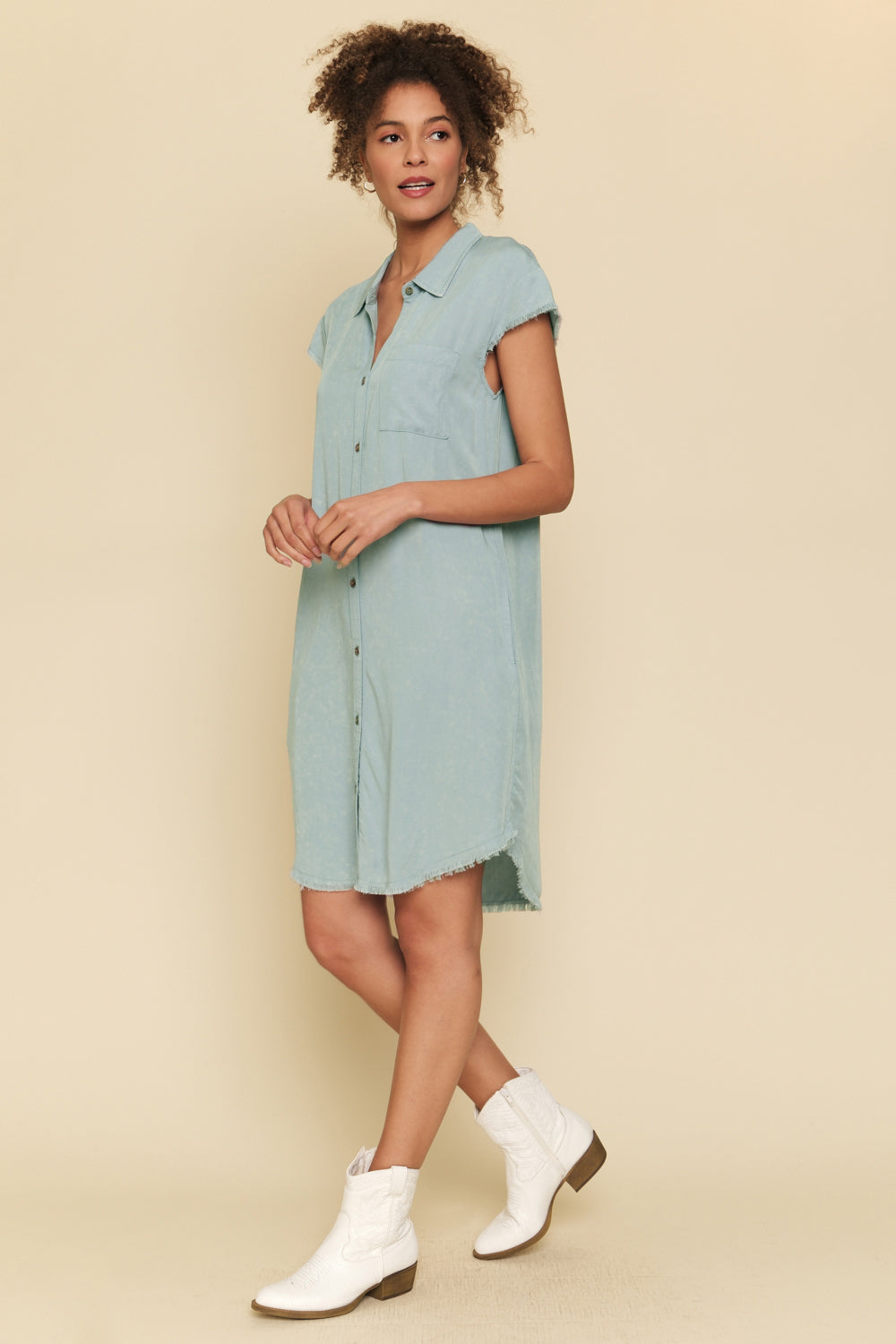 Mystree Frayed Edge Tencel Shirt Dress In Light Blue-Dresses-Mystree-Deja Nu Boutique, Women's Fashion Boutique in Lampasas, Texas