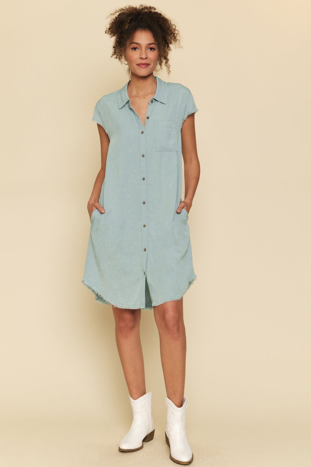 Mystree Frayed Edge Tencel Shirt Dress In Light Blue-Dresses-Mystree-Deja Nu Boutique, Women's Fashion Boutique in Lampasas, Texas