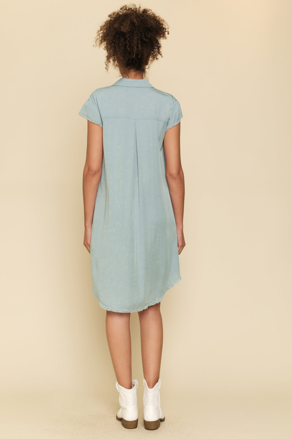 Mystree Frayed Edge Tencel Shirt Dress In Light Blue-Dresses-Mystree-Deja Nu Boutique, Women's Fashion Boutique in Lampasas, Texas