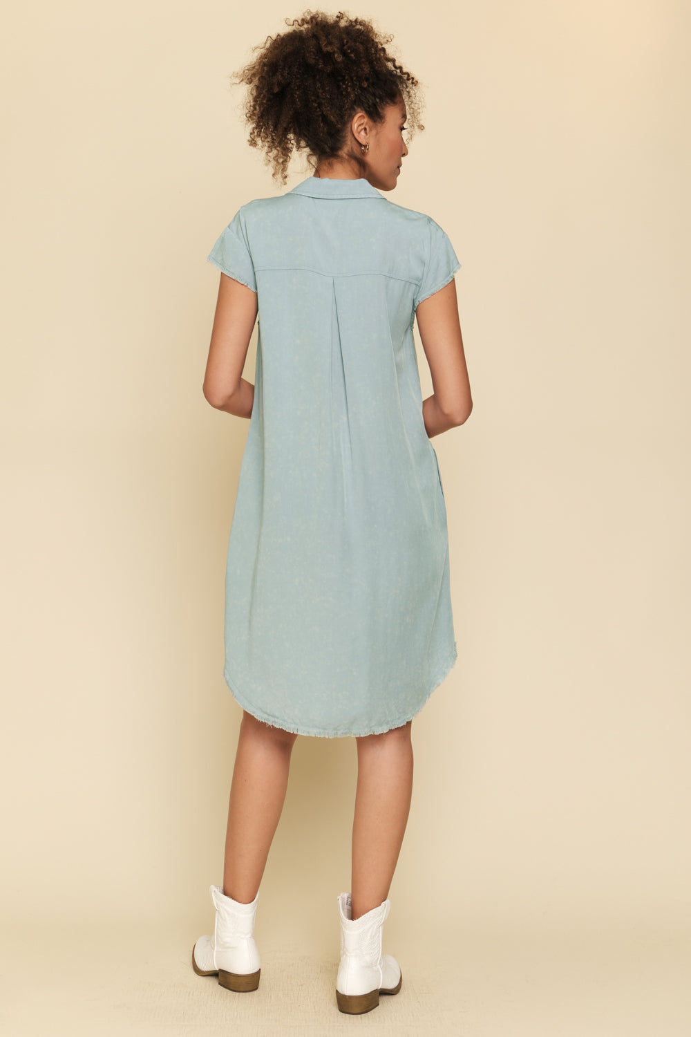 Mystree Frayed Edge Tencel Shirt Dress In Light Blue-Dresses-Mystree-Deja Nu Boutique, Women's Fashion Boutique in Lampasas, Texas