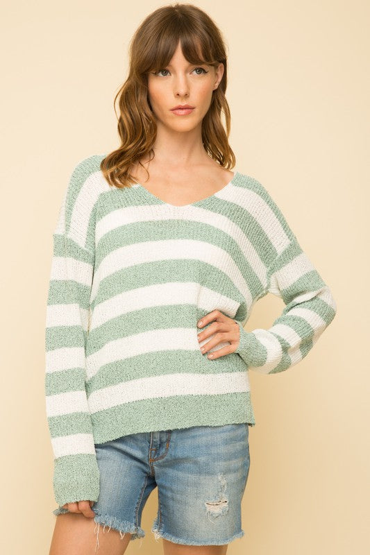 Mystree Knotted Back Mint Stripe Sweater-Sweaters-Mystree-Deja Nu Boutique, Women's Fashion Boutique in Lampasas, Texas