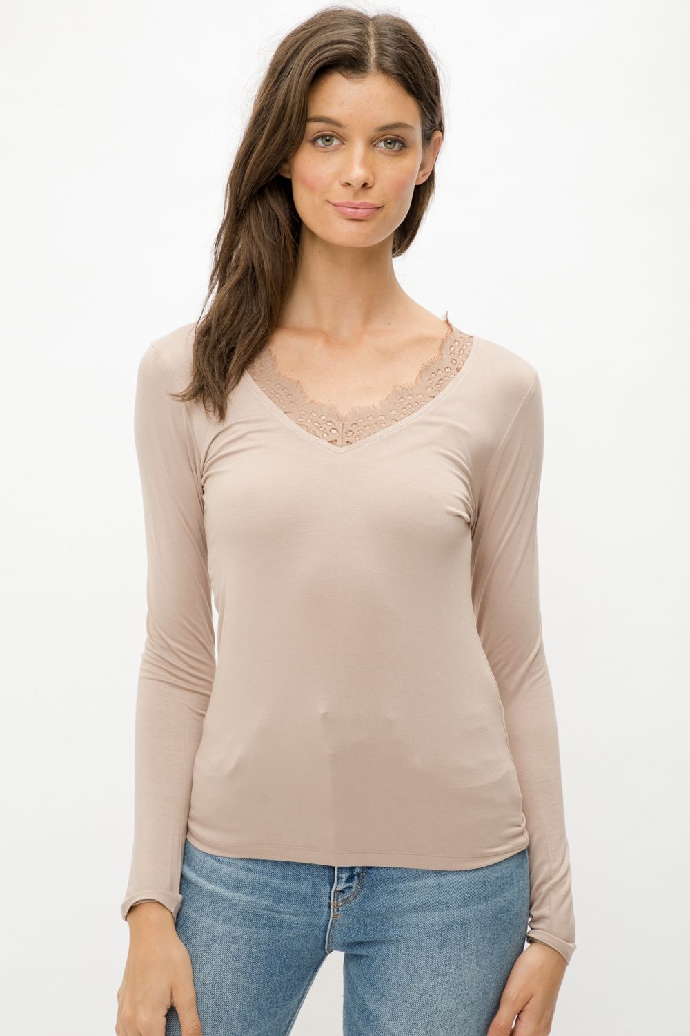 Mystree Lace V Neck Modal Top In Dusty Pink-Tops-Mystree-Deja Nu Boutique, Women's Fashion Boutique in Lampasas, Texas