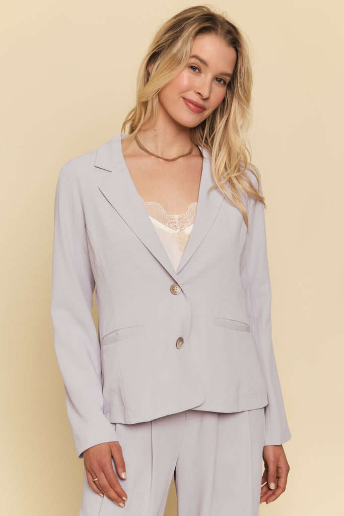 Mystree Lilac Gray Double Buttoned Blazer-Blazers-Mystree-Deja Nu Boutique, Women's Fashion Boutique in Lampasas, Texas