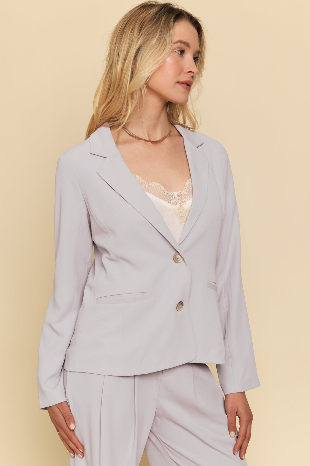 Mystree Lilac Gray Double Buttoned Blazer-Blazers-Mystree-Deja Nu Boutique, Women's Fashion Boutique in Lampasas, Texas