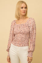 Mystree Mauve Smocked Balloon Sleeve Blouse-Tops-Mystree-Deja Nu Boutique, Women's Fashion Boutique in Lampasas, Texas