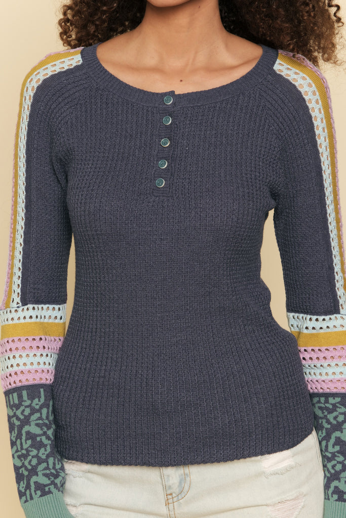 Mystree Mixed Weaving Contrast Sweater Henley Top In Midnight Blue-Sweaters-Mystree-Deja Nu Boutique, Women's Fashion Boutique in Lampasas, Texas