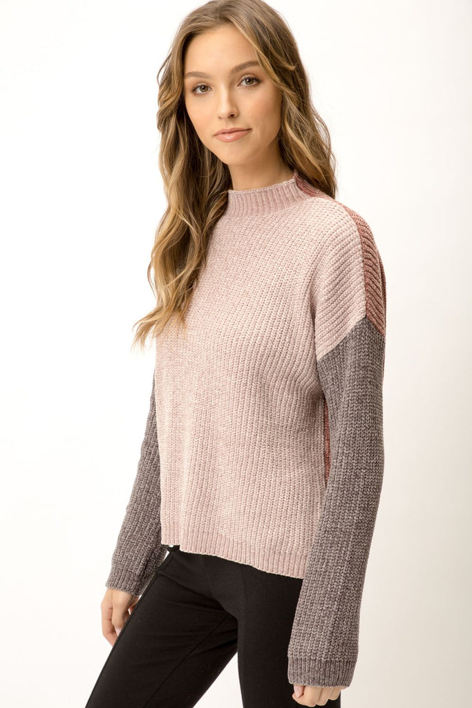 Mystree Mock Neck Colorblock Sweater In A Rose Grey Mix-Sweaters-Mystree-Deja Nu Boutique, Women's Fashion Boutique in Lampasas, Texas