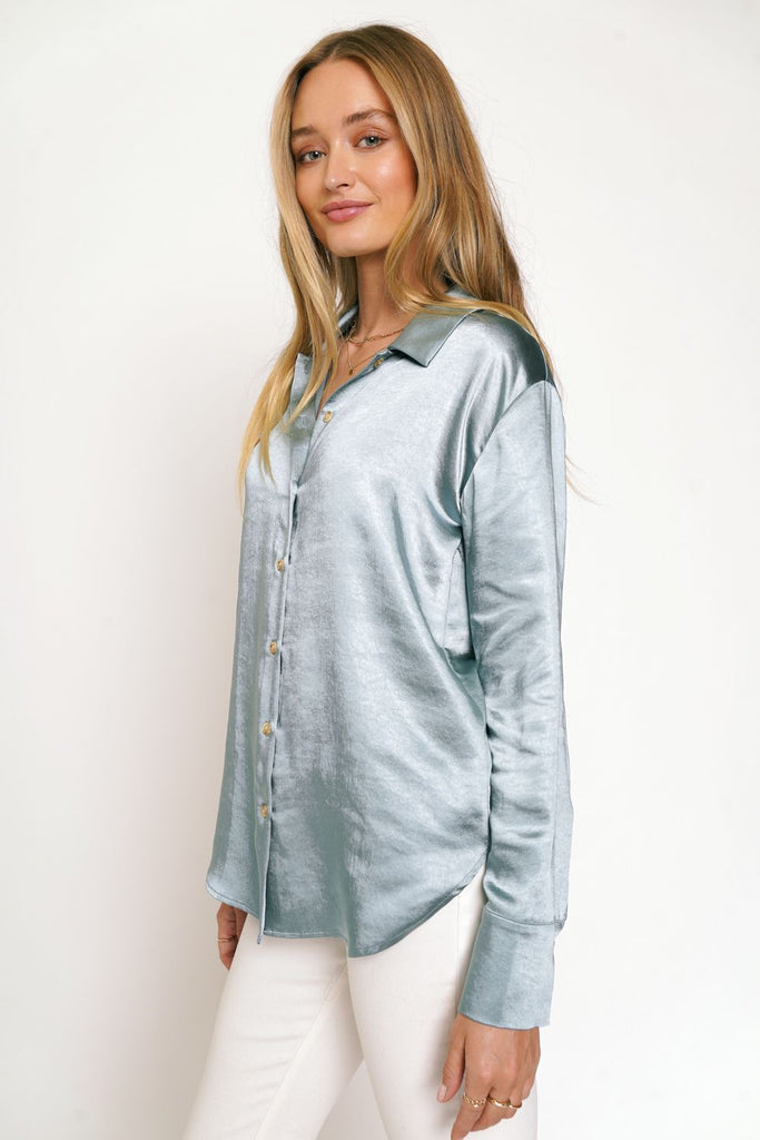 Mystree Relaxed Button Down Silky Shirt With Rounded Hem In Seafoam-Tops-Mystree-Deja Nu Boutique, Women's Fashion Boutique in Lampasas, Texas