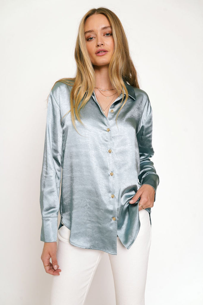 Mystree Relaxed Button Down Silky Shirt With Rounded Hem In Seafoam-Tops-Mystree-Deja Nu Boutique, Women's Fashion Boutique in Lampasas, Texas