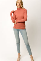 Mystree Ribbed Mock Neck Turtleneck In Terracotta-Tops-Mystree-Deja Nu Boutique, Women's Fashion Boutique in Lampasas, Texas