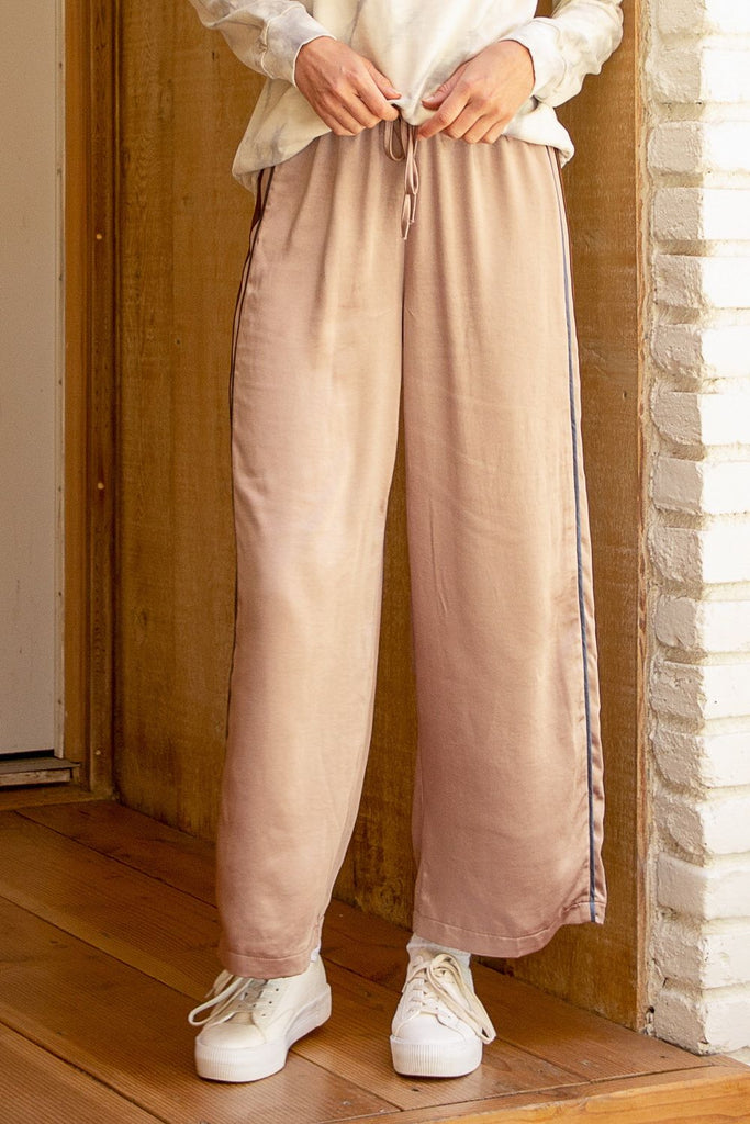 Mystree Side Stripe Satin Straight Leg Pants In Warm Grey-Bottoms-Mystree-Deja Nu Boutique, Women's Fashion Boutique in Lampasas, Texas