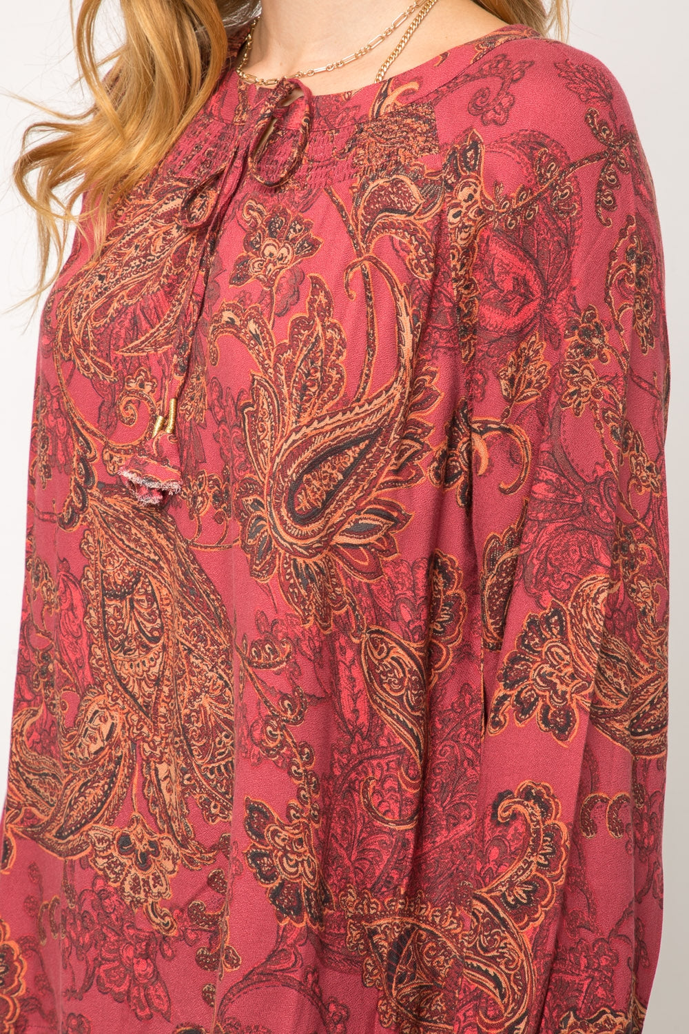 Mystree Smocked Neck Tassel Tie Burgundy Paisley Print Peasant Blouse-Tops-Mystree-Deja Nu Boutique, Women's Fashion Boutique in Lampasas, Texas