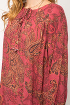 Mystree Smocked Neck Tassel Tie Burgundy Paisley Print Peasant Blouse-Tops-Mystree-Deja Nu Boutique, Women's Fashion Boutique in Lampasas, Texas