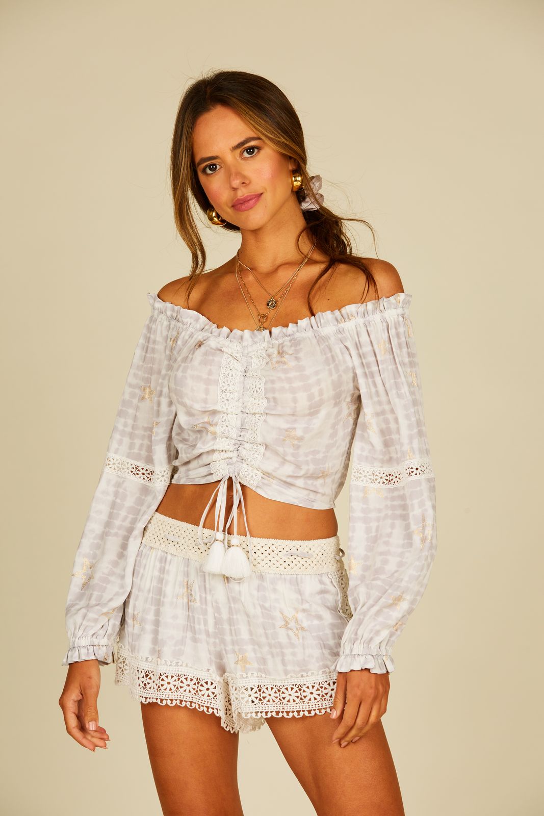 Ocean Drive Grey Crochet Tie Dye Gold Star Short-Bottoms-Ocean Drive-Deja Nu Boutique, Women's Fashion Boutique in Lampasas, Texas