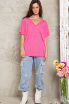 POL Basic And Soft Slub V Neckline Tee In Flamingo Pink-Tops-POL-Deja Nu Boutique, Women's Fashion Boutique in Lampasas, Texas