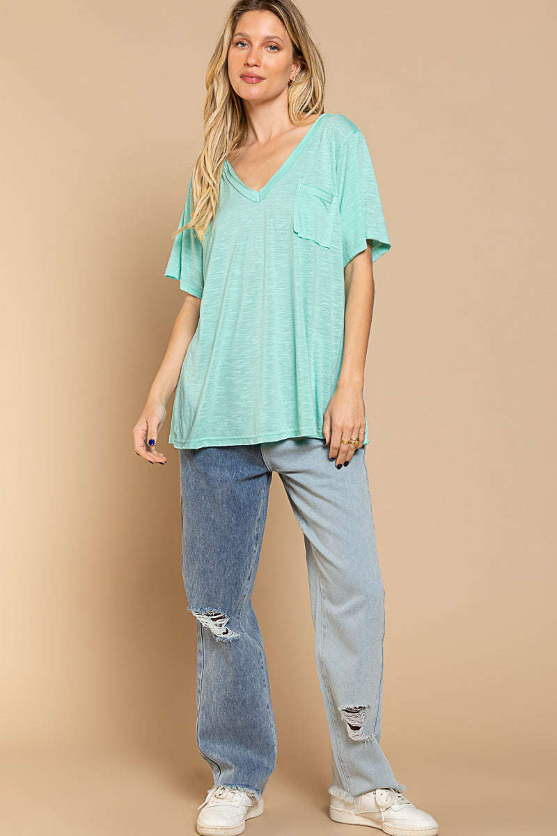 POL Basic And Soft Slub V Neckline Tee In Paradise Mint-Tops-POL-Deja Nu Boutique, Women's Fashion Boutique in Lampasas, Texas