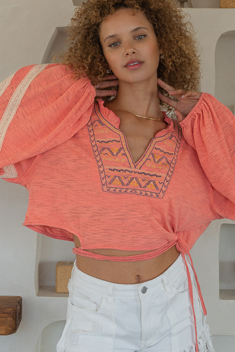 POL Coral Embroidered Crop Poets Blouse-Tops-POL-Deja Nu Boutique, Women's Fashion Boutique in Lampasas, Texas