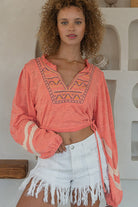 POL Coral Embroidered Crop Poets Blouse-Tops-POL-Deja Nu Boutique, Women's Fashion Boutique in Lampasas, Texas