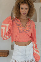 POL Coral Embroidered Crop Poets Blouse-Tops-POL-Deja Nu Boutique, Women's Fashion Boutique in Lampasas, Texas