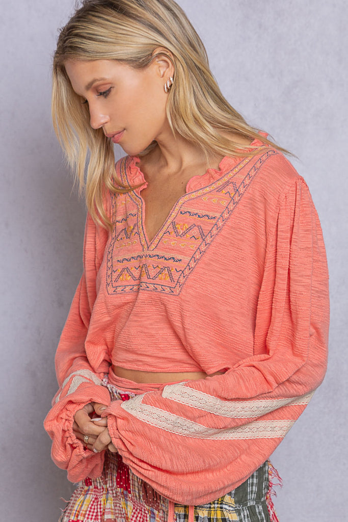 POL Coral Embroidered Crop Poets Blouse-Tops-POL-Deja Nu Boutique, Women's Fashion Boutique in Lampasas, Texas
