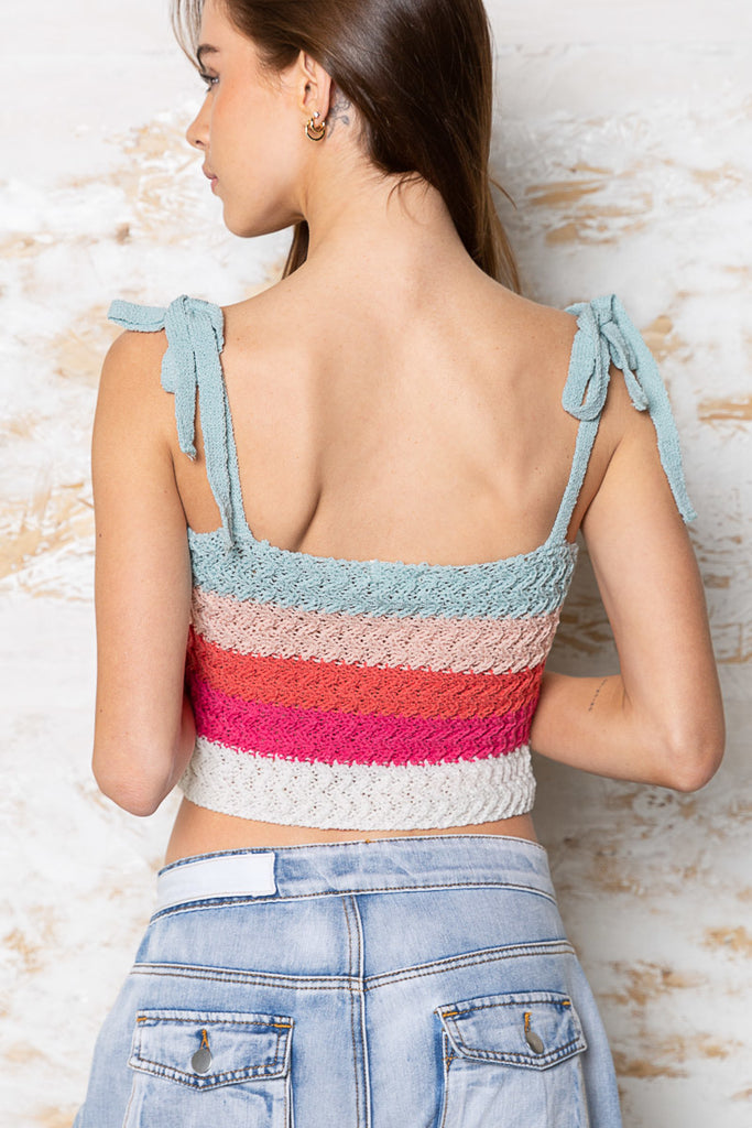 POL Crochet Crop Sweater With Shoulder Tie In A Aqua White Multi-Camis/Tanks-POL-Deja Nu Boutique, Women's Fashion Boutique in Lampasas, Texas