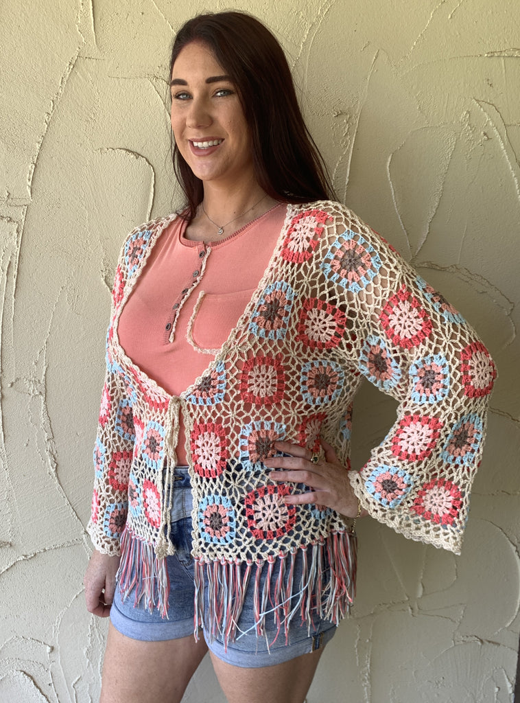 POL Crochet Floral Square Patchwork Short Cardigan Vest With Fringe-Cardigans & Kimonos-POL-Deja Nu Boutique, Women's Fashion Boutique in Lampasas, Texas