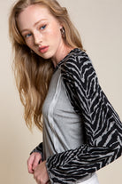 POL Grey Shirt With Zebra Sleeves-Tops-POL-Deja Nu Boutique, Women's Fashion Boutique in Lampasas, Texas