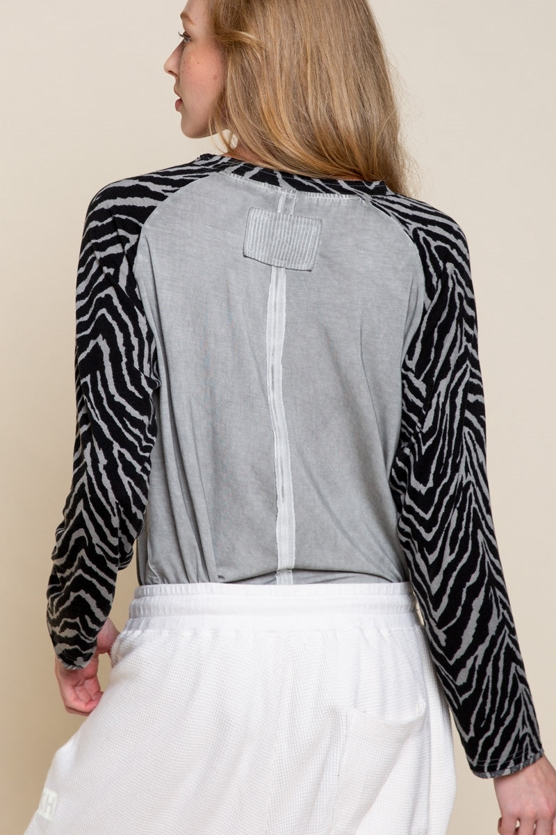 POL Grey Shirt With Zebra Sleeves-Tops-POL-Deja Nu Boutique, Women's Fashion Boutique in Lampasas, Texas