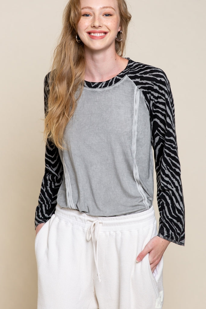 POL Grey Shirt With Zebra Sleeves-Tops-POL-Deja Nu Boutique, Women's Fashion Boutique in Lampasas, Texas