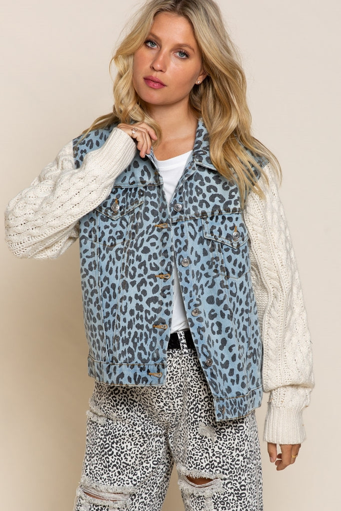 POL Leopard Denim Jacket With Cream Cable Knit Sleeve-Jackets-POL-Deja Nu Boutique, Women's Fashion Boutique in Lampasas, Texas
