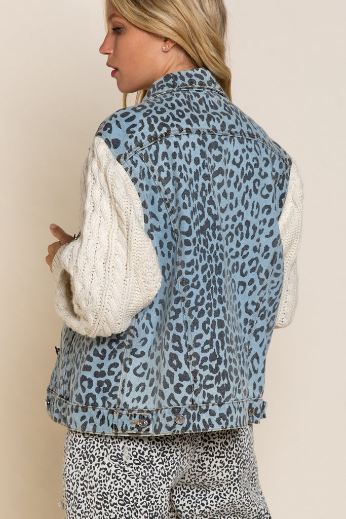 POL Leopard Denim Jacket With Cream Cable Knit Sleeve-Jackets-POL-Deja Nu Boutique, Women's Fashion Boutique in Lampasas, Texas