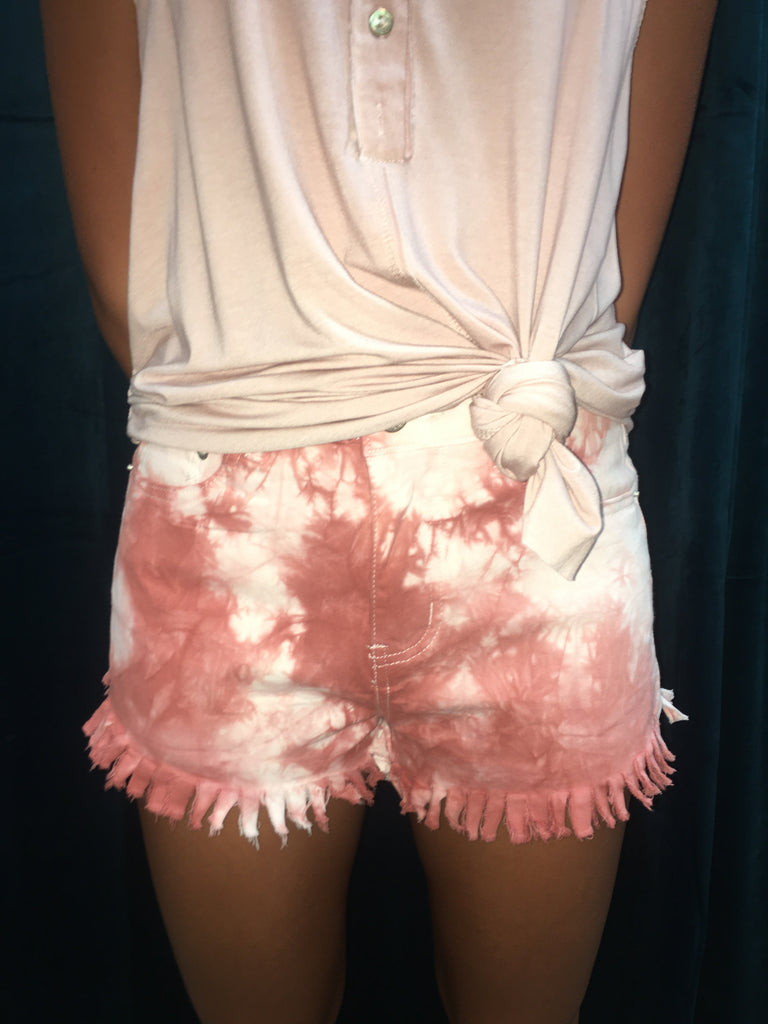 POL Rose And Taupe Tie Dye Fringe Shorts-Bottoms-POL-Deja Nu Boutique, Women's Fashion Boutique in Lampasas, Texas