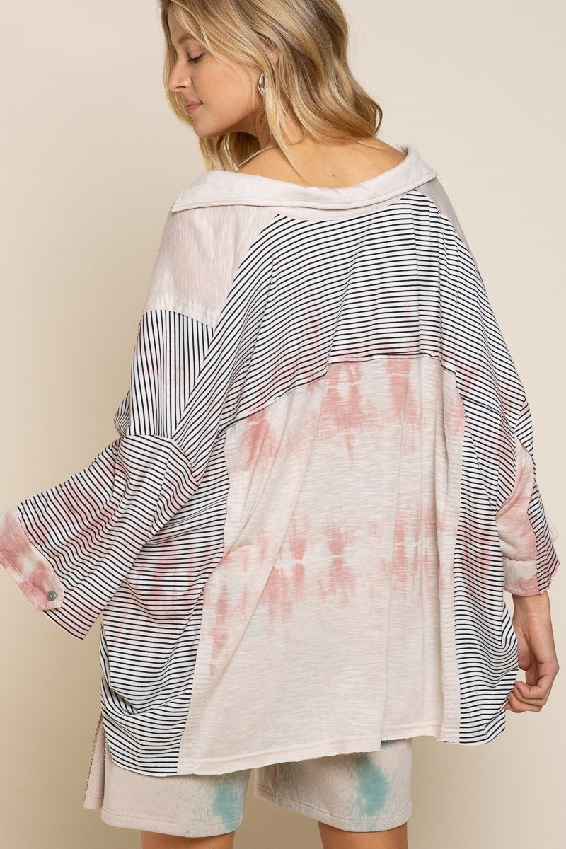 POL Tie Dye Dry Pink & Striped Button Up Shirt-Tops-POL-Deja Nu Boutique, Women's Fashion Boutique in Lampasas, Texas