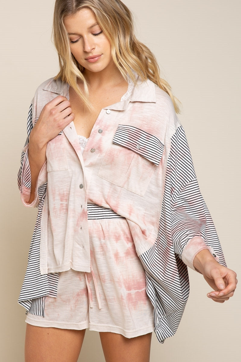 POL Tie Dye Dry Pink & Striped Button Up Shirt-Tops-POL-Deja Nu Boutique, Women's Fashion Boutique in Lampasas, Texas