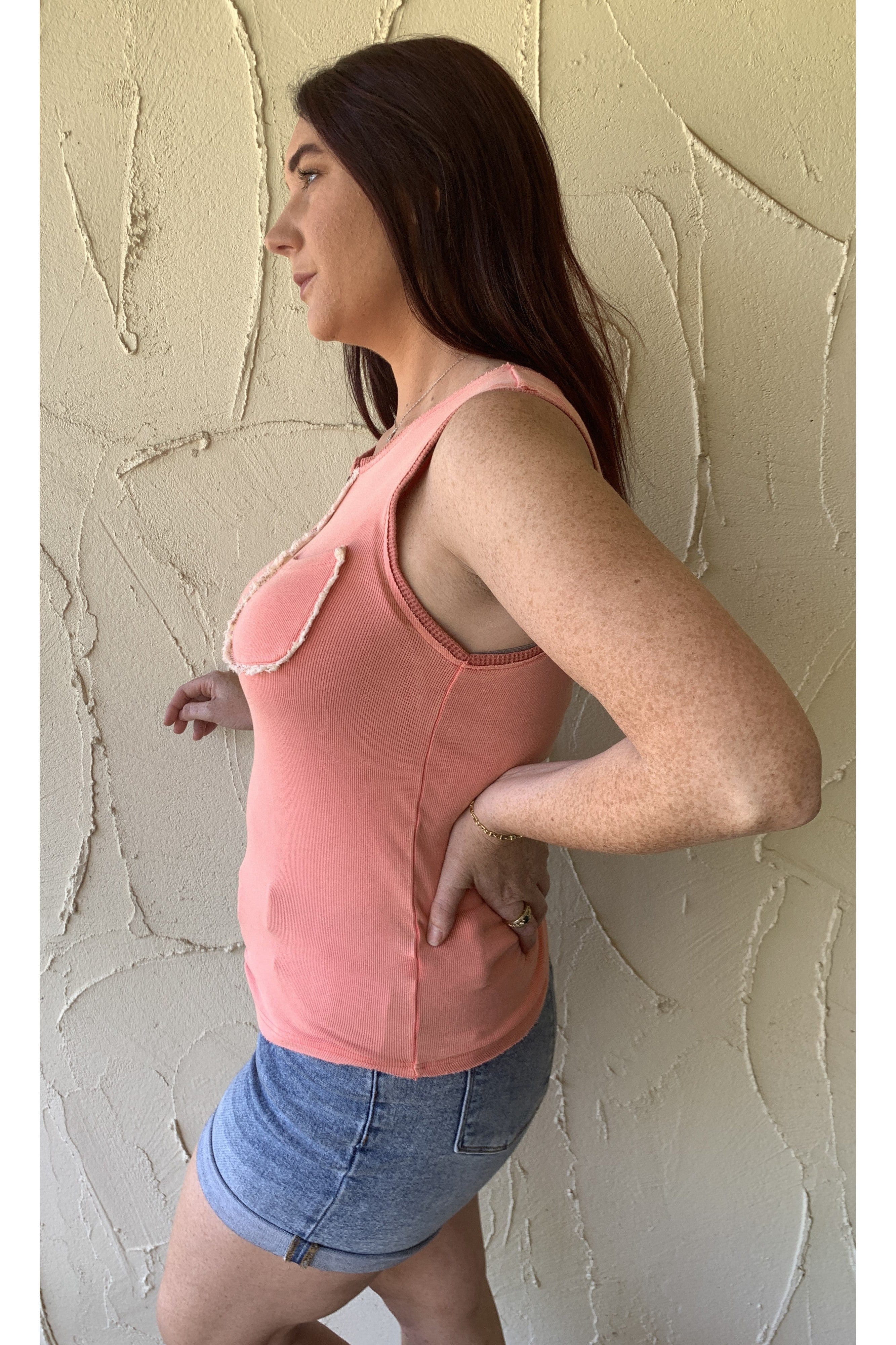 POL Watermelon Pink Button Front Tank With Lace Detail-Short Sleeves-POL-Deja Nu Boutique, Women's Fashion Boutique in Lampasas, Texas