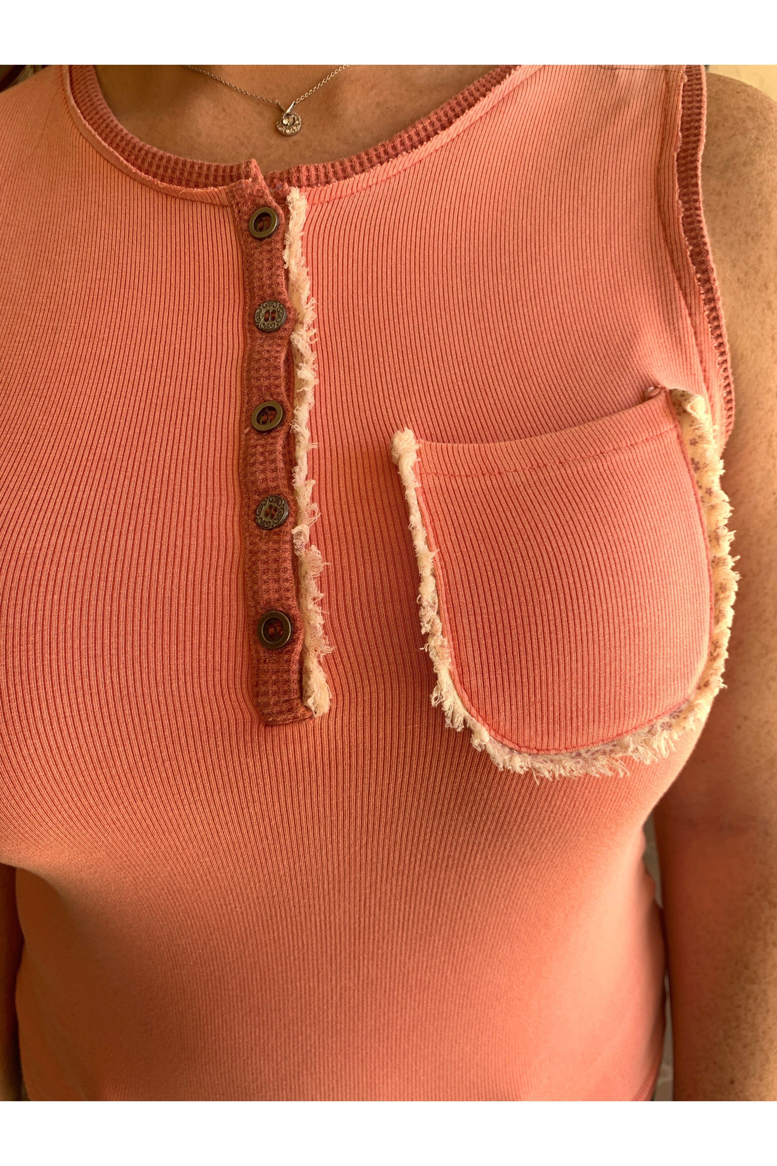 POL Watermelon Pink Button Front Tank With Lace Detail-Short Sleeves-POL-Deja Nu Boutique, Women's Fashion Boutique in Lampasas, Texas