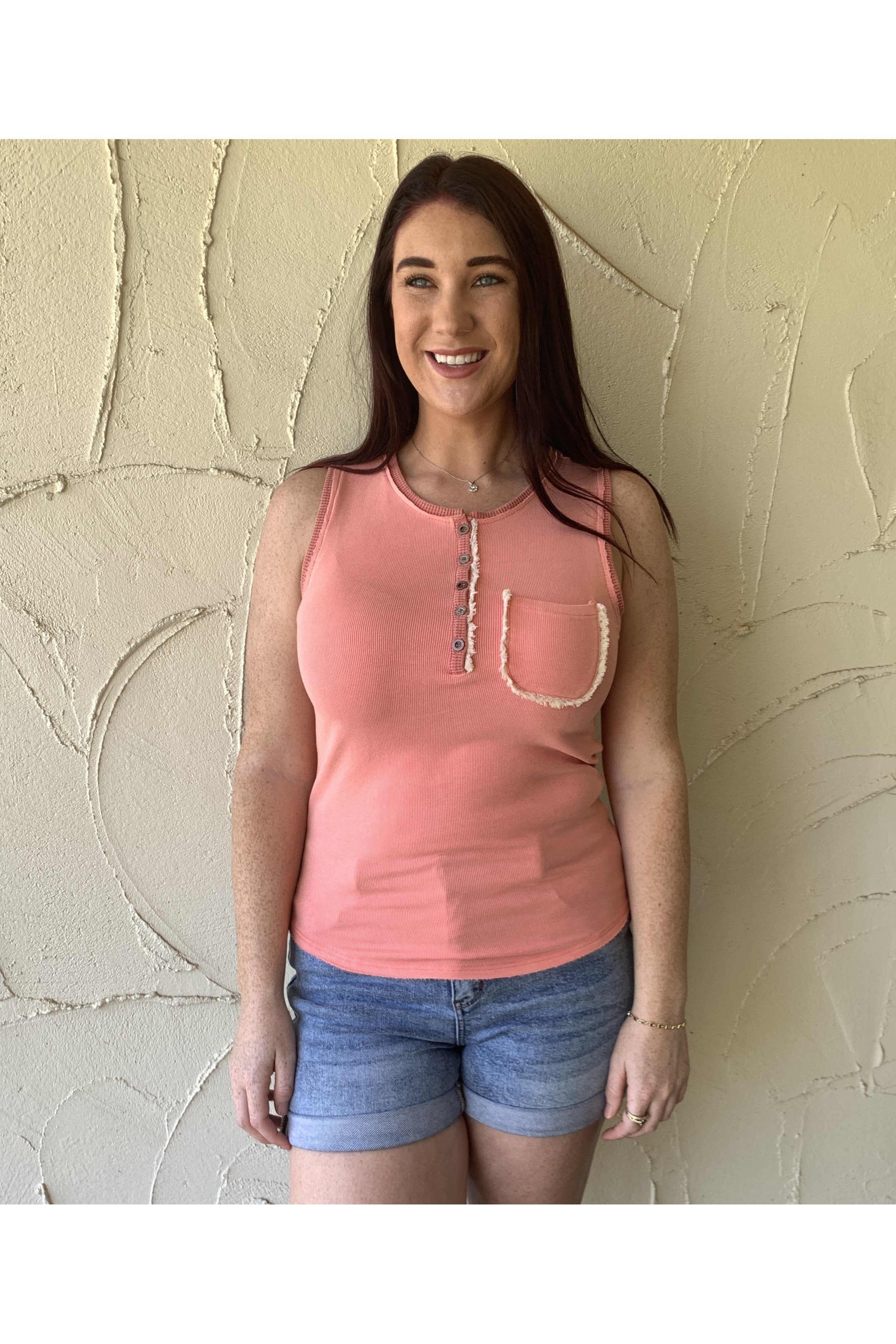 POL Watermelon Pink Button Front Tank With Lace Detail-Short Sleeves-POL-Deja Nu Boutique, Women's Fashion Boutique in Lampasas, Texas