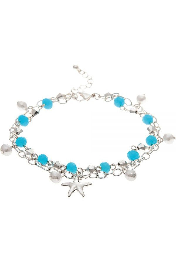 Rain Jewelry Collection Silver Starfish Blue Bead Double Anklet-Anklets-Rain Jewelry Collection-Deja Nu Boutique, Women's Fashion Boutique in Lampasas, Texas