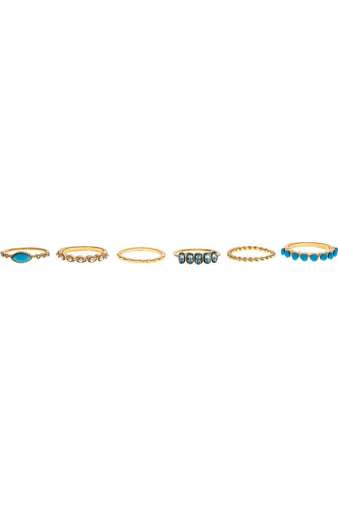 Rain Jewelry Gold Blue Gem Six Band Size 7 Ring Set-Rings-Rain Jewelry Collection-Deja Nu Boutique, Women's Fashion Boutique in Lampasas, Texas